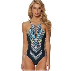 Red Carter Braided One-Piece Tribal Print Halter Neck Swimsuit Lattice Sz L